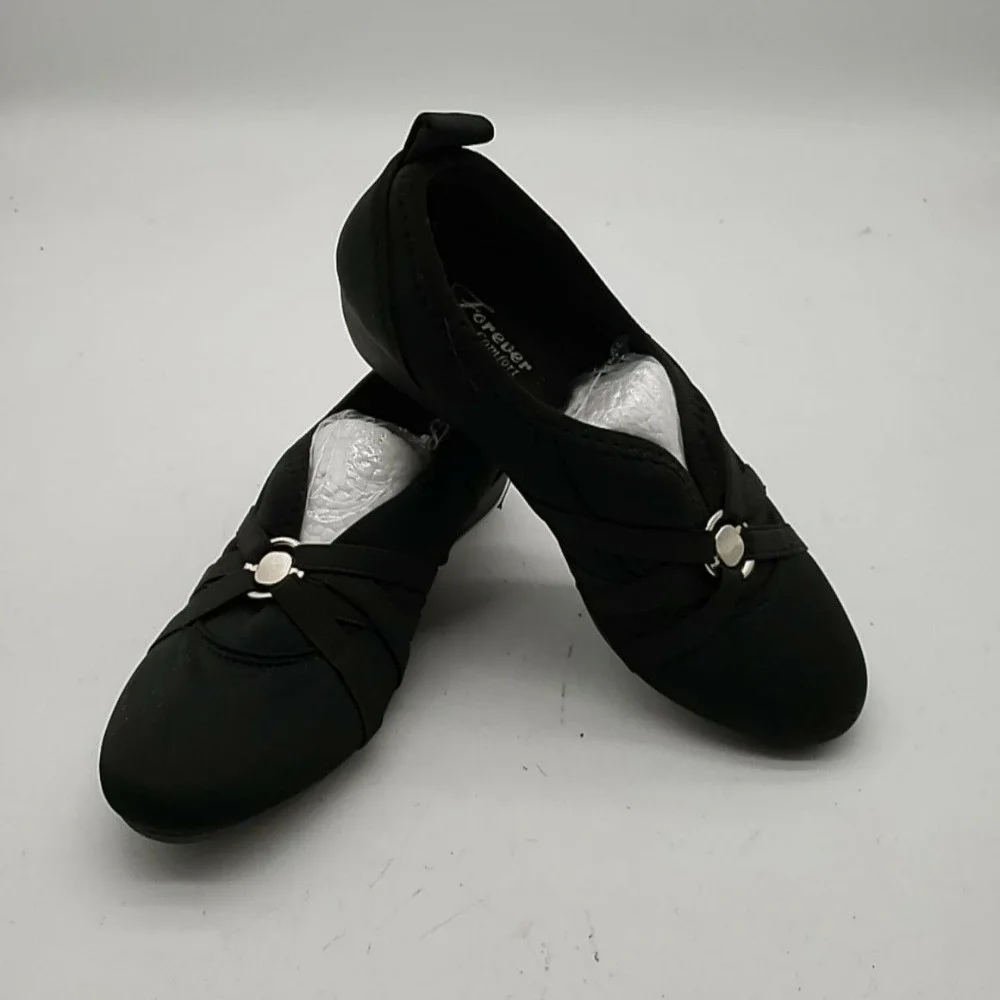 Forever Comfort Shoes Womens Size 9 Black Slip On Strappy Flats Round Toe Casual